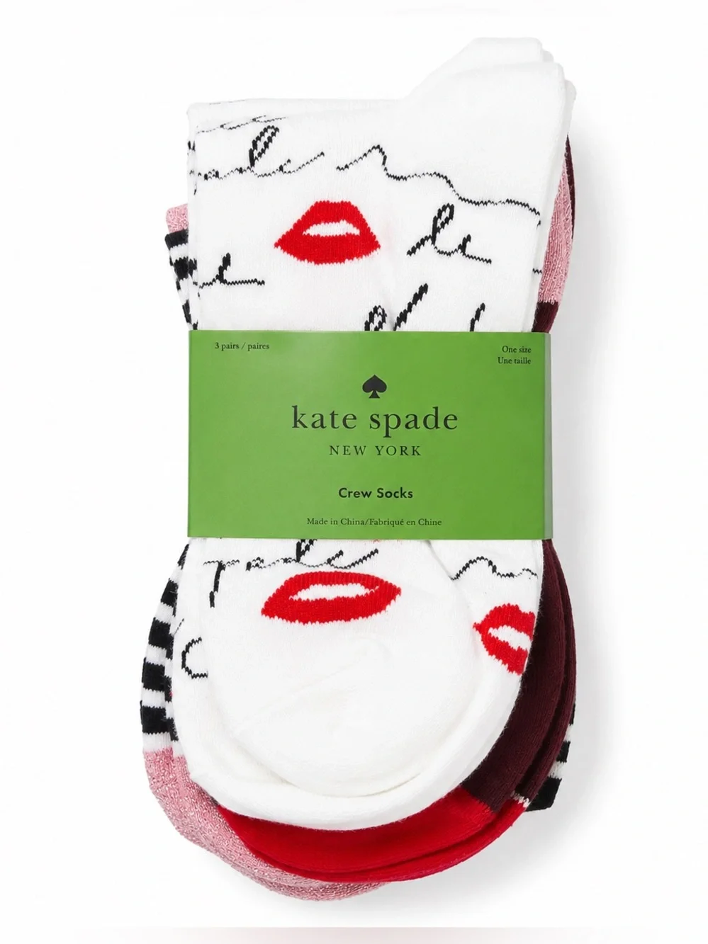 NWT Kate Spade New York 3-Pack Crew Socks Lips Stripe Burgundy Pink Metallic